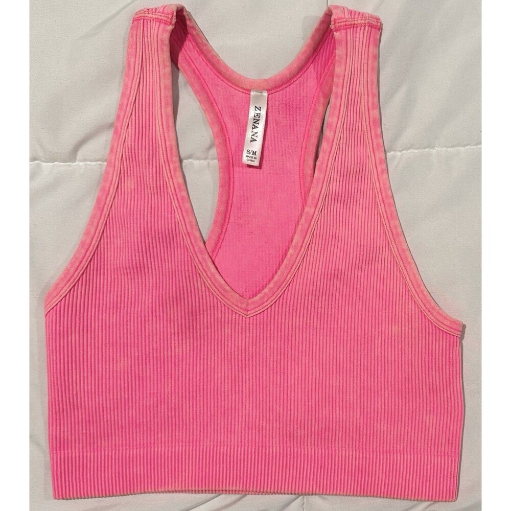 NEW Zenana S/m Ripped Racer Back Crop Top Stretchy Hot Pink Acid Wash Super Soft
